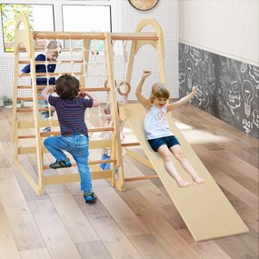 Costway Set di giocattoli da arrampicata in legno con scivolo anelli da ginnastica, Parco giochi per bambini Naturale