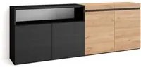 Credenza Mobile Cucina 200x75x35cm con 4 Porte Stile moderno colore Rovere e nero