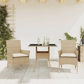 Set Da Pranzo Da Giardino 3 Pz Con Cuscini Polyrattan E Vetro /