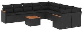 Set divani da giardino 11 pz con cuscini in polyrattan nero