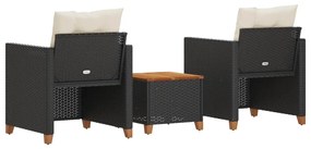 Set da Bistrò 3 pz con Cuscini Nero Polyrattan e Legno Acacia