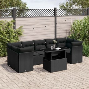 Set divani da giardino con cuscini 8 pz nero in polyrattan