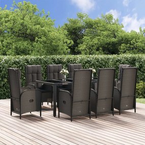 Set da pranzo giardino 9pz con cuscini nero e grigio polyrattan