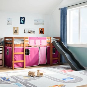 Letto A Soppalco Con Tende Bambini Rosa 80x200 Cm Massello Pino /