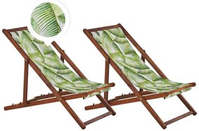Set di 2 sedie a sdraio legno acacia scuro motivo foglie di palma verde ANZIO Beliani