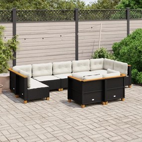 Set divani da giardino 9 pz con cuscini nero in polyrattan