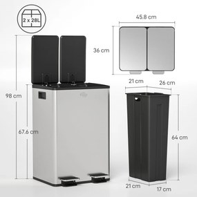 Pattumiera Differenziata Cestino Spazzatura 2 Scomparti da 28L in Acciaio Inox Argento...