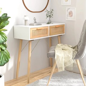 Tavolo Consolle Bianco 80x30x75cm Massello Pino Rattan Naturale /