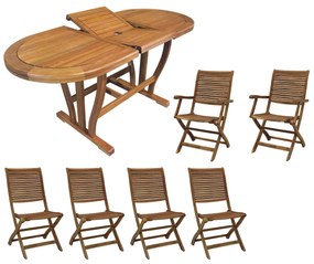 TURRIS - set tavolo in legno massiccio di acacia cm 120/160 x 70 x 74 h con 4 sedie e 2 poltrone Mulier