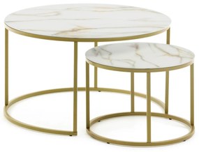 Kave Home - Set Leonor di 2 tavolini in vetro bianco e acciaio finitura oro Ø 80 cm/ Ø 50 cm