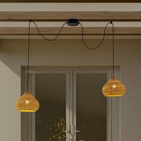 Lucande lampada a sospensione da esterno Taniola, 2 luci, beige, rattan, IP44 Taniola Lucande, dimmerabile, Legno chiaro, Legno, Campagna / Rustiche
