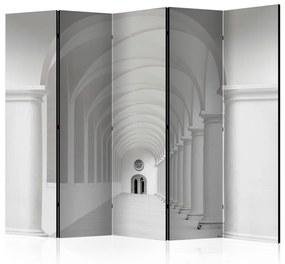 Paravento Volo del Colibrì II - architettura a tunnel grigio con colonne e porte