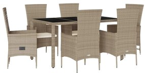 Set da pranzo da giardino 7 pz con cuscini beige in polyrattan