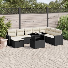 Set divani da giardino 9 pz con cuscini nero in polyrattan