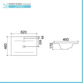 Lavabo da incasso soprapiano rettangolare 62x46 cm in ceramica lucida