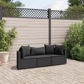 Set divani da giardino 3 pz con cuscini in polyrattan nero