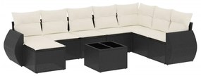 Set divani da giardino 9 pz con cuscini nero in polyrattan