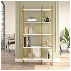 Libreria 88x30x175 Cm 5 Ripiani Oro E Bianco Doppio Modulo Decus