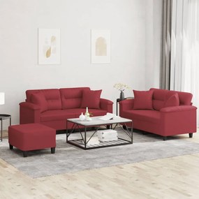 Set Di Divani 3 Pz Con Cuscini Rosso Vino İn Similpelle /