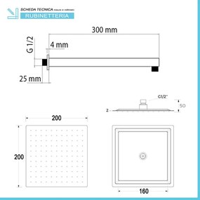 Kit doccia quadrato ottone cromo flex PVC + soffione 20x20 cm + braccio 30 cm