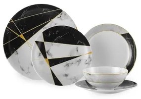 Set da tavola 24 pezzi, nero/bianco/oro, in porcellana