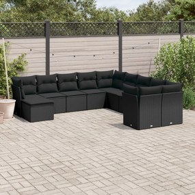 Set divani da giardino 11 pz con cuscini in polyrattan nero