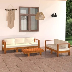 Set divani giardino 5 pz cuscini bianco crema in legno d&#039;acacia