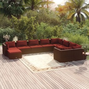 Set divani da giardino 10 pz con cuscini in polyrattan marrone