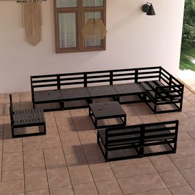 Set Divani da Giardino 10 pz Nero in Legno Massello di Pino