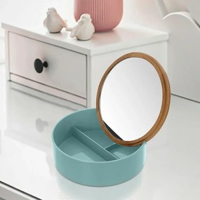 Porta trucchi da bagno tondo in plastica turchese e bamboo completo di specchio