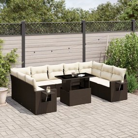 Set divani da giardino 10pz con cuscini in polyrattan marrone