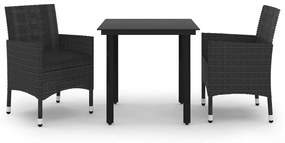 Set da pranzo da giardino 3 pz con cuscini polyrattan e vetro