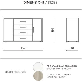 Madia con 2 ante e 4 cassetti 137 cm in legno Bianco Lucido - AMAL