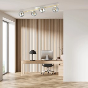 Plafoniera Contemporanea 4 Luci Eracle In Acciaio Oro/Bianco E Sfere Vetro Fumè