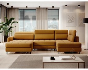 Divano angolare giallo allungabile/con contenitore (con penisola a destra/a U) e rivestimento in velluto Berrto – ELTAP