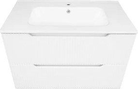 Mobile Da Bagno Cannettato 80 Cm Con Lavabo Specchio E Led LINE - Bianco Lucido