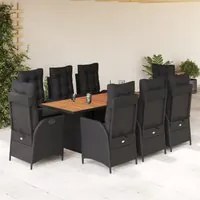 Set da Pranzo da Giardino 9 pz con Cuscini Nero in Polyrattan 3213140