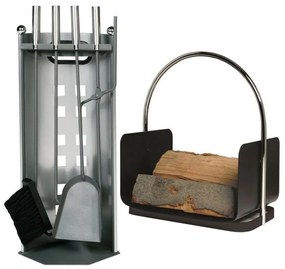 Set di attrezzi per caminetto e cesto per la legna con manico 6 pz antracite
