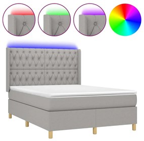 Letto a molle materasso e led grigio chiaro 140x190 cm tessuto