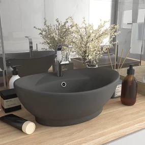 Lavabo Troppopieno Ovale Grigio Scuro Opaco 58,5x39cm Ceramica /