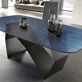 Tavolo fisso 210 cm KARL con base metallo Nero e piano vetro martellato Blu