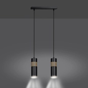 Lampadario 2 Luci Change In Acciaio Nero A Cilindro Con Legno Naturale