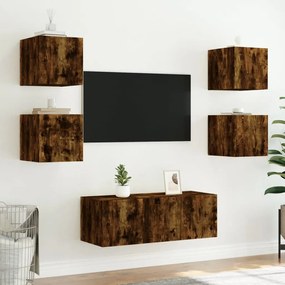 Mobili tv a muro con led 6pz rovere fumo in legno multistrato