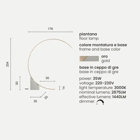 Piantana LED in metallo Oro con base in ceppo di Grč RUNE 176x204 cm