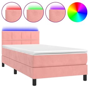 Letto a molle con materasso e led rosa 80x200 cm in velluto