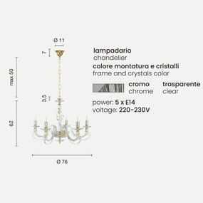 Lampadario a sospensione 1306 in vetro soffiato lavorato a mano 5 luci CROMO