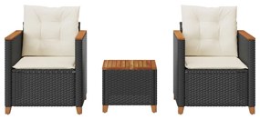 Set da bistrò 3 pz con cuscini nero polyrattan e legno acacia