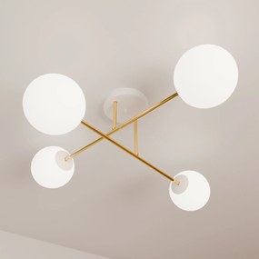 Plafoniera Moderna Magnium 4 Luci In Acciao Oro E Sfere In Vetro Bianco