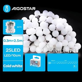 Aigostar - Catena luminosa LED per esterni, 25 LED, alimentazione 3x AA, 8 funzioni, 2,8 m, IP44, bianco freddo