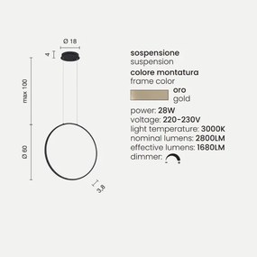 Lampada a sospensione con cerchio verticale in metallo Oro 60 cm NOVA